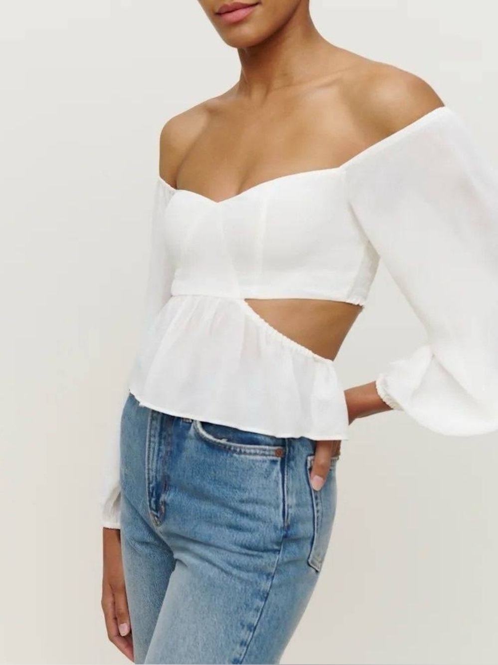 Reformation Laraine boho romantic Off-Shoulder Smocked Blouse ivory White Sz 6